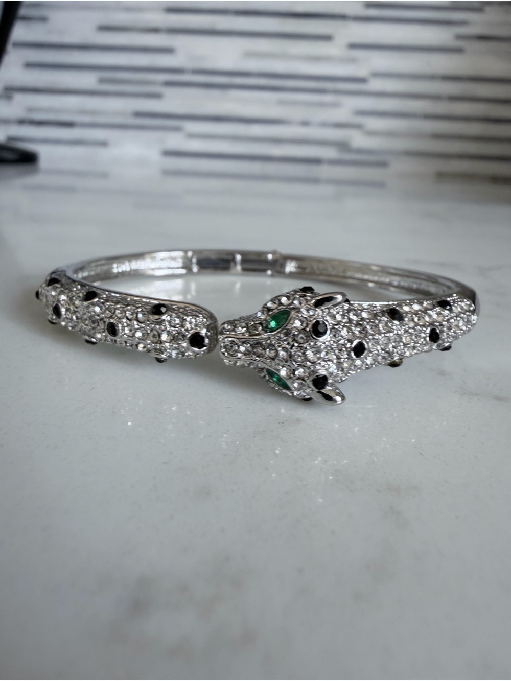 Silver Crystal Cuff Bracelet with panther with Green Eyes one size